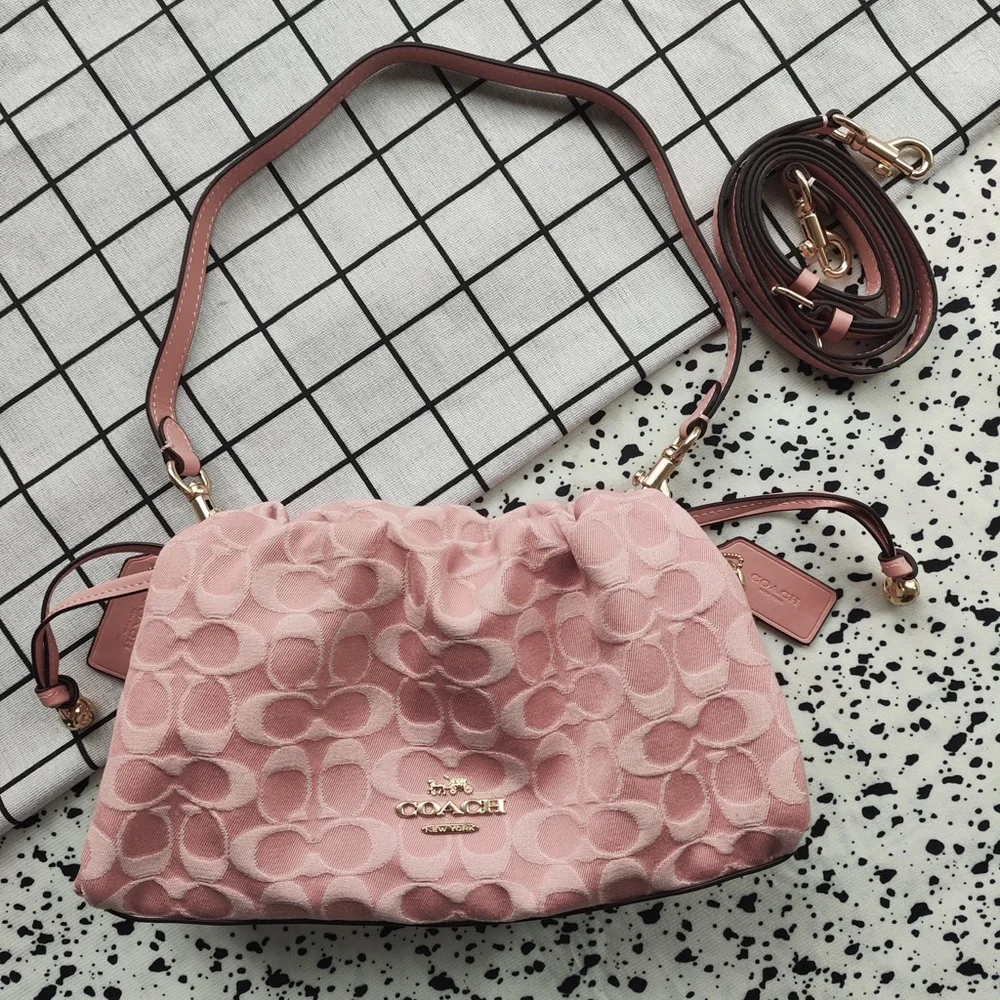 Coach Pink Signature Jacquard Drawstring Shoulder Bag